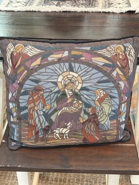 Vintage tapestry Christmas nativity scene pillow
